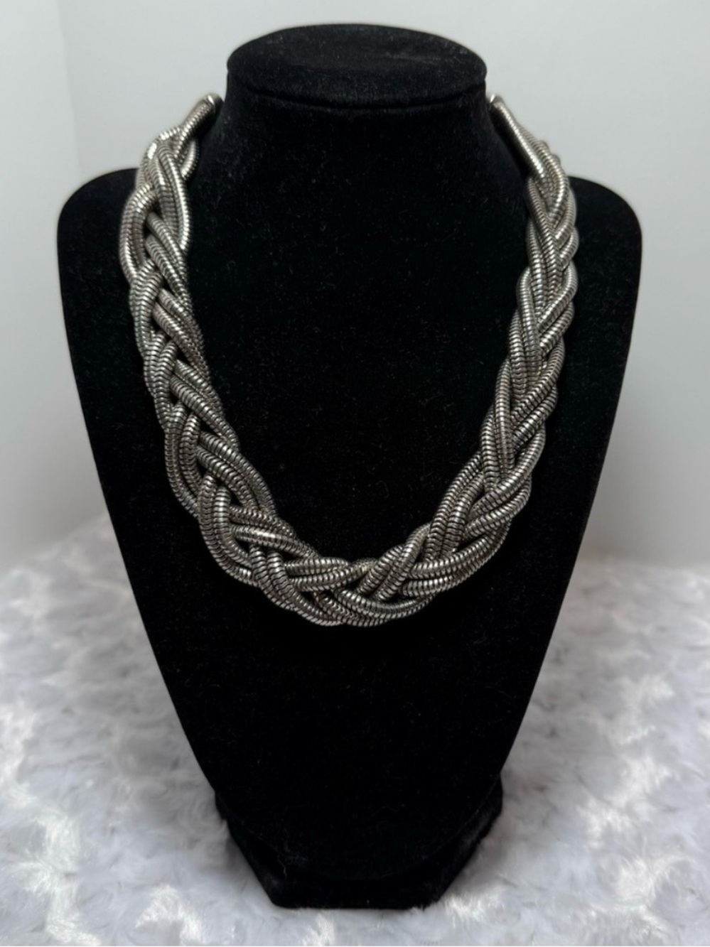 Vintage Silver-Tone Braided Mesh Cord Chain Adjustable Statement 18" Necklace